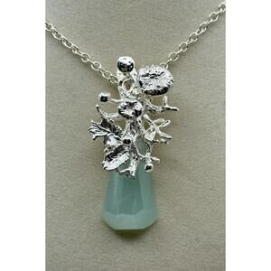 Jade Pendant With Floral Design And Sterlium Plus Sterling Silver Handmade
